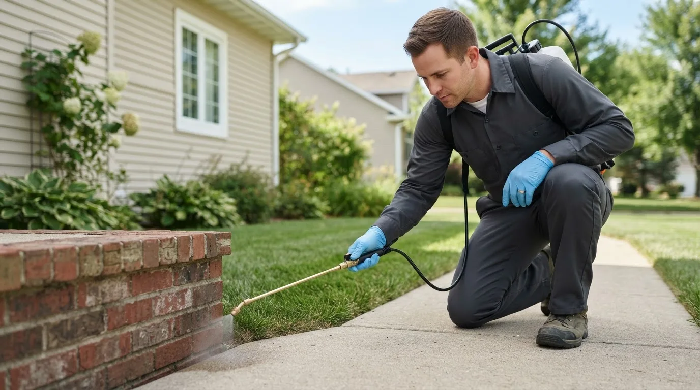 Pest control technician treating a home near East Providence, RI